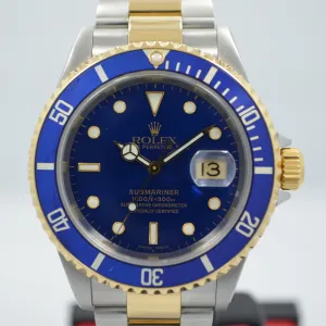 2002 Rolex Submariner 16613 Steel 18K Gold Blue "Y" Serial Box Papers Watch