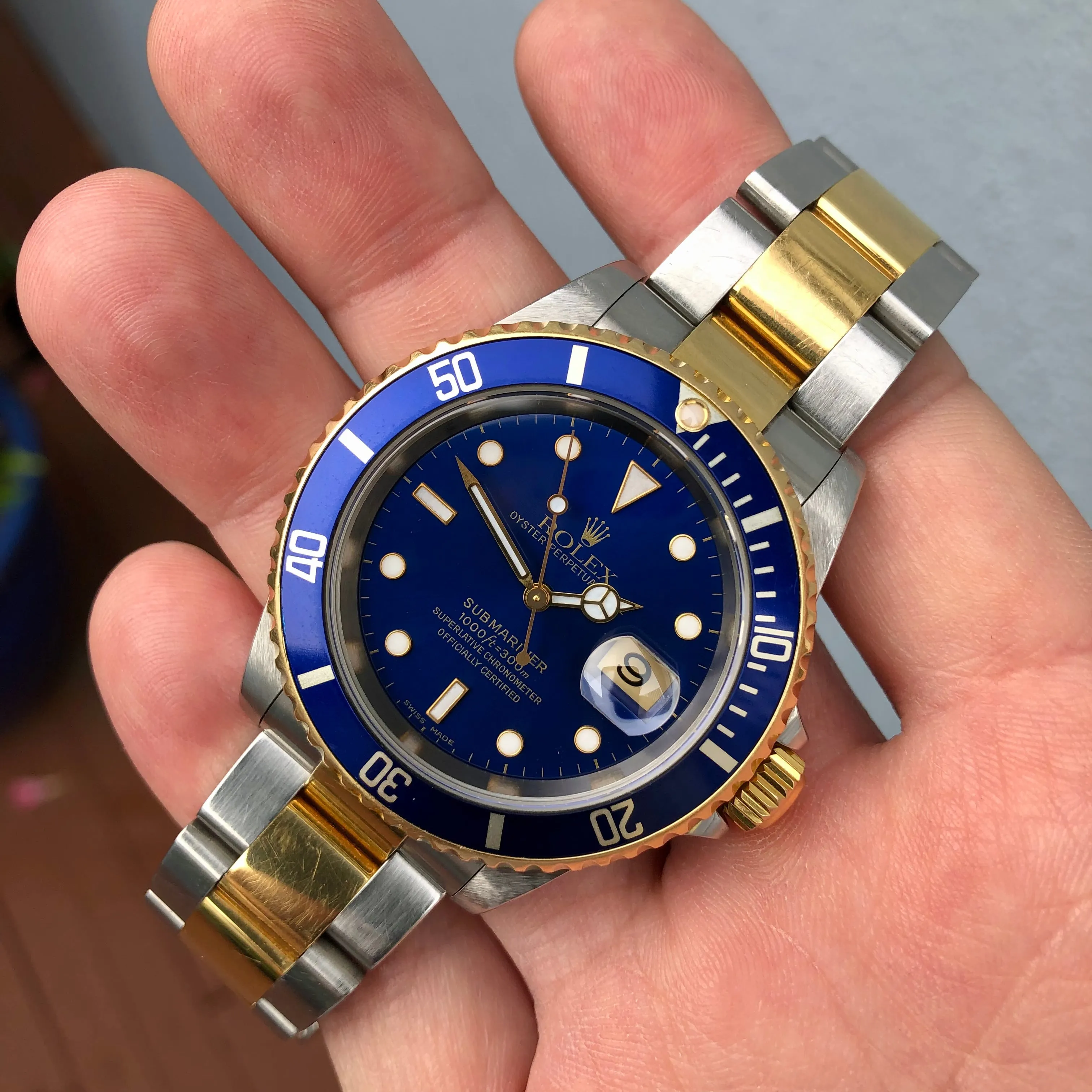 2002 Rolex Submariner Date 16613 Blue Two Tone Oyster 18K Steel Wristwatch Box Papers