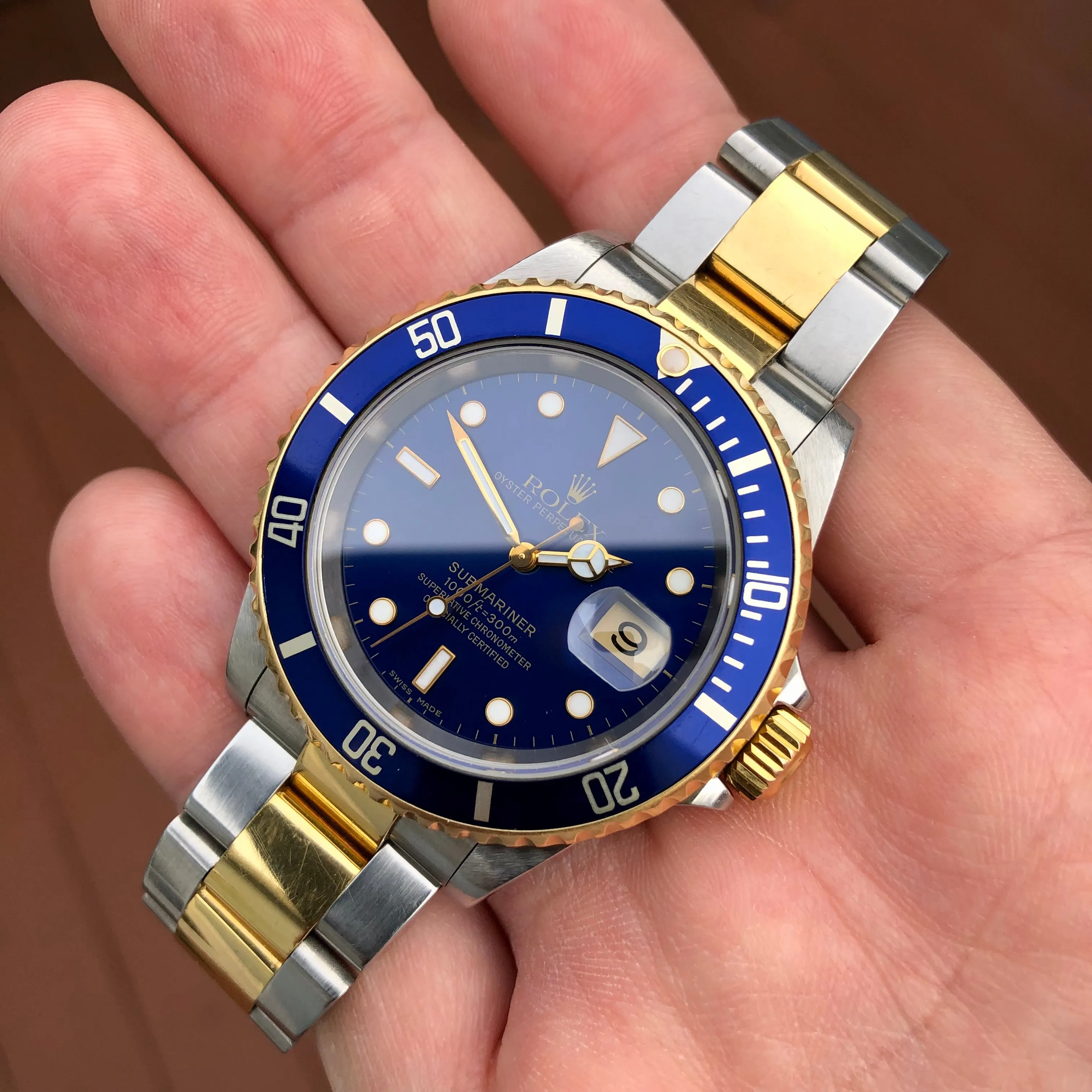 2002 Rolex Submariner Date 16613 Blue Two Tone Oyster 18K Steel Wristwatch Box Papers