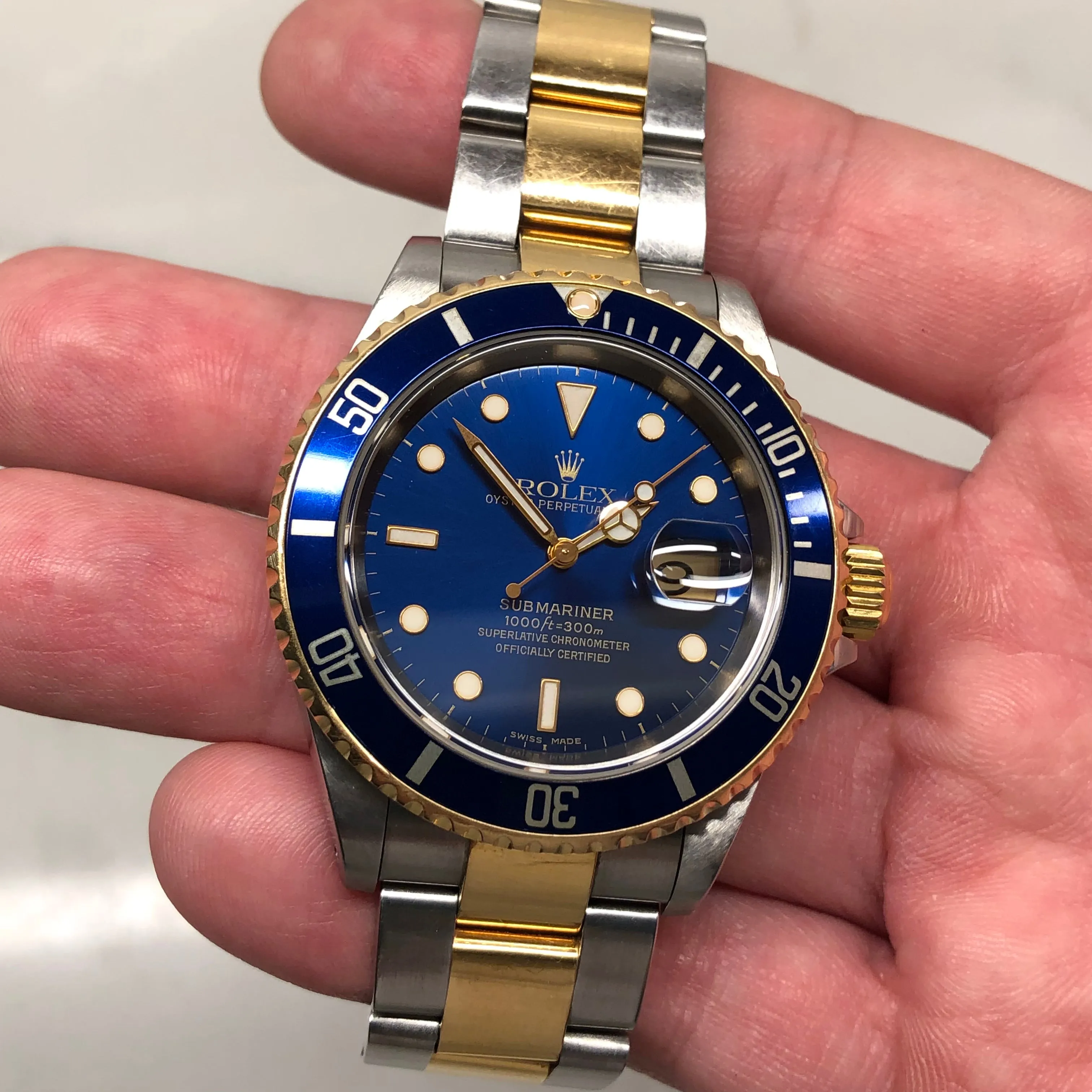 2002 Rolex Submariner Date 16613 Blue Two Tone Oyster 18K Steel Wristwatch Box Papers