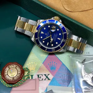 2002 Rolex Submariner Date 16613 Blue Two Tone Oyster 18K Steel Wristwatch Box Papers