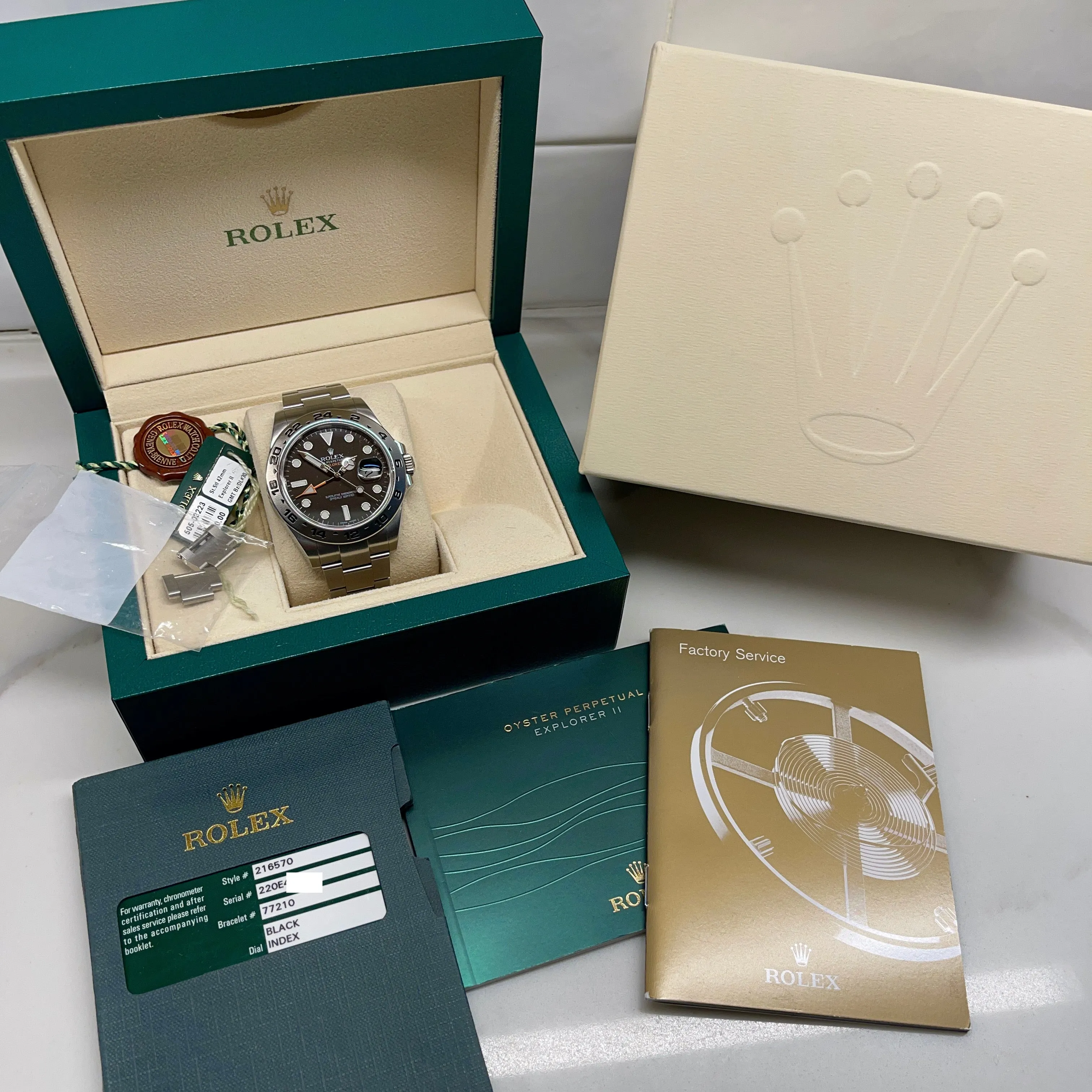 2014 Rolex Explorer II 216570 Stainless Steel GMT Oyster Black Wristwatch Box Papers