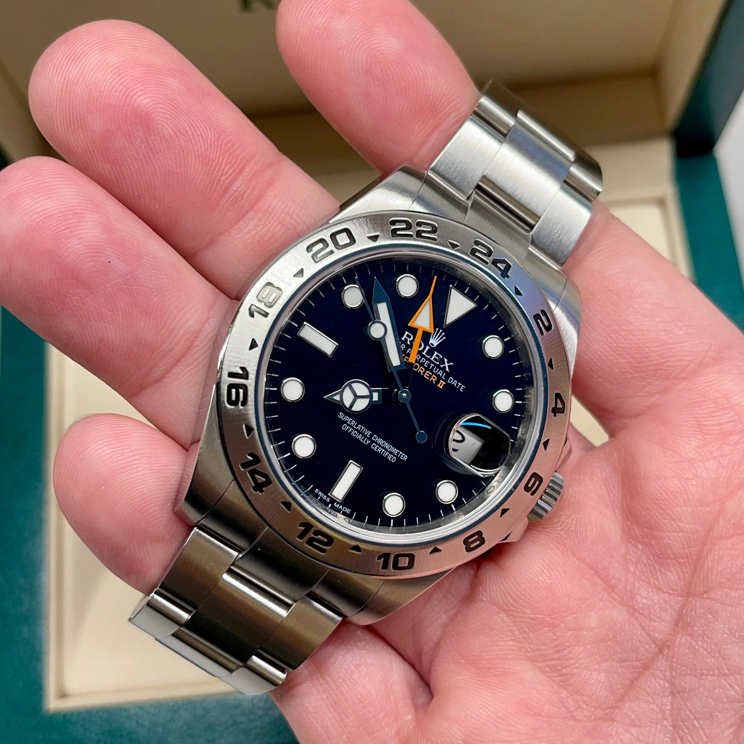 2014 Rolex Explorer II 216570 Stainless Steel GMT Oyster Black Wristwatch Box Papers