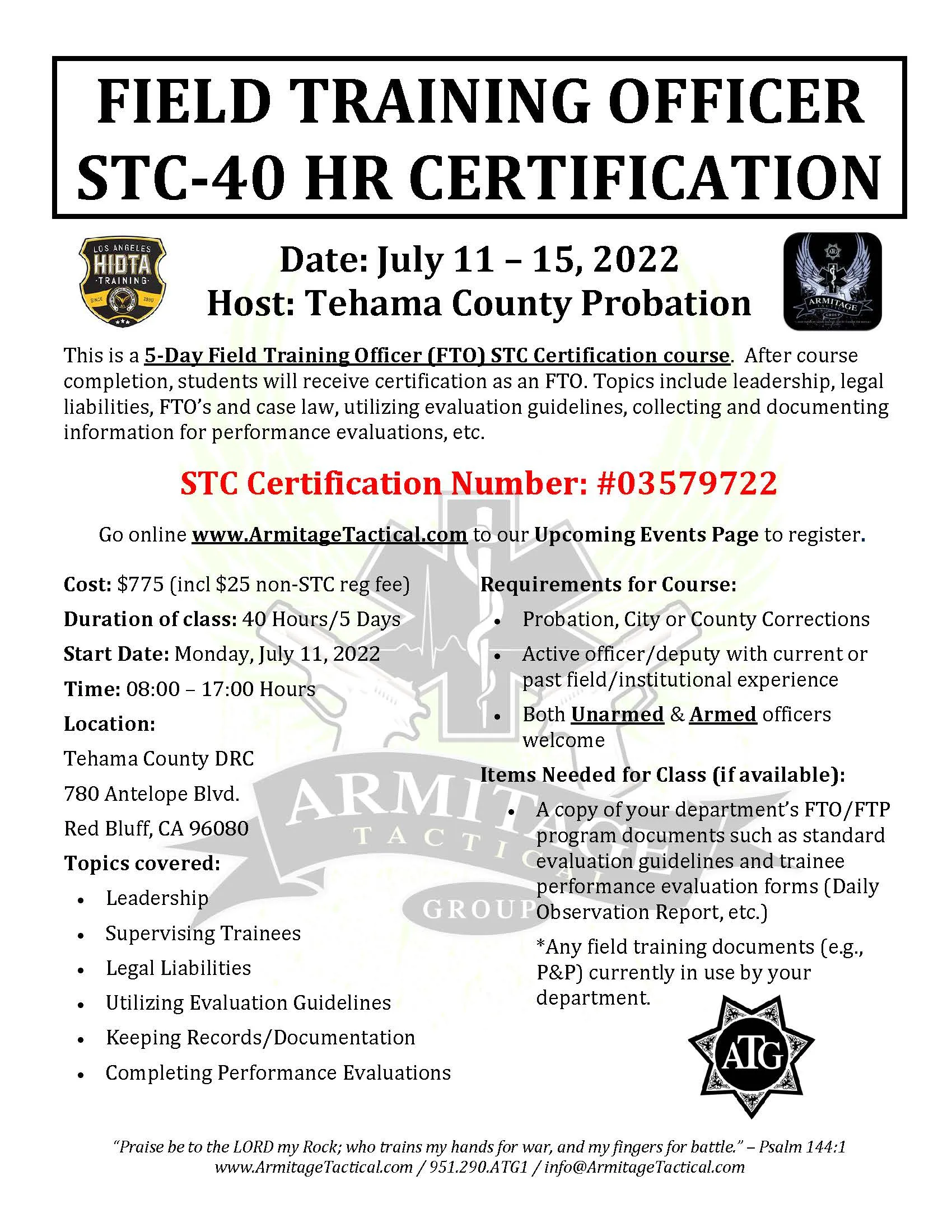 2022/07/11 - 40 Hour Field Training Officer (FTO) STC Certification Course - Red Bluff, CA