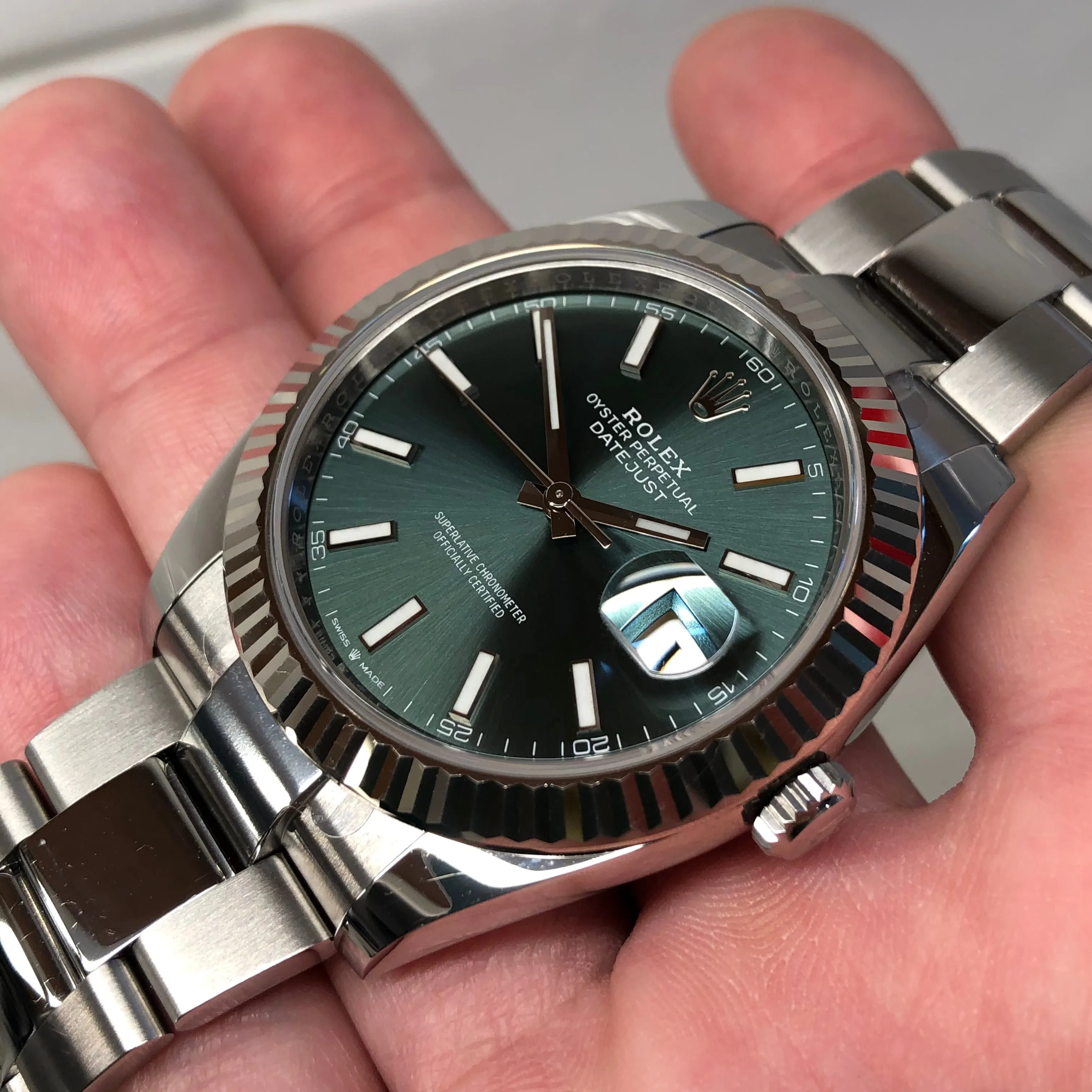 2023 Rolex Datejust 126334 Mint Green Fluted 41mm Steel Oyster Wristwatch with Box and Papers