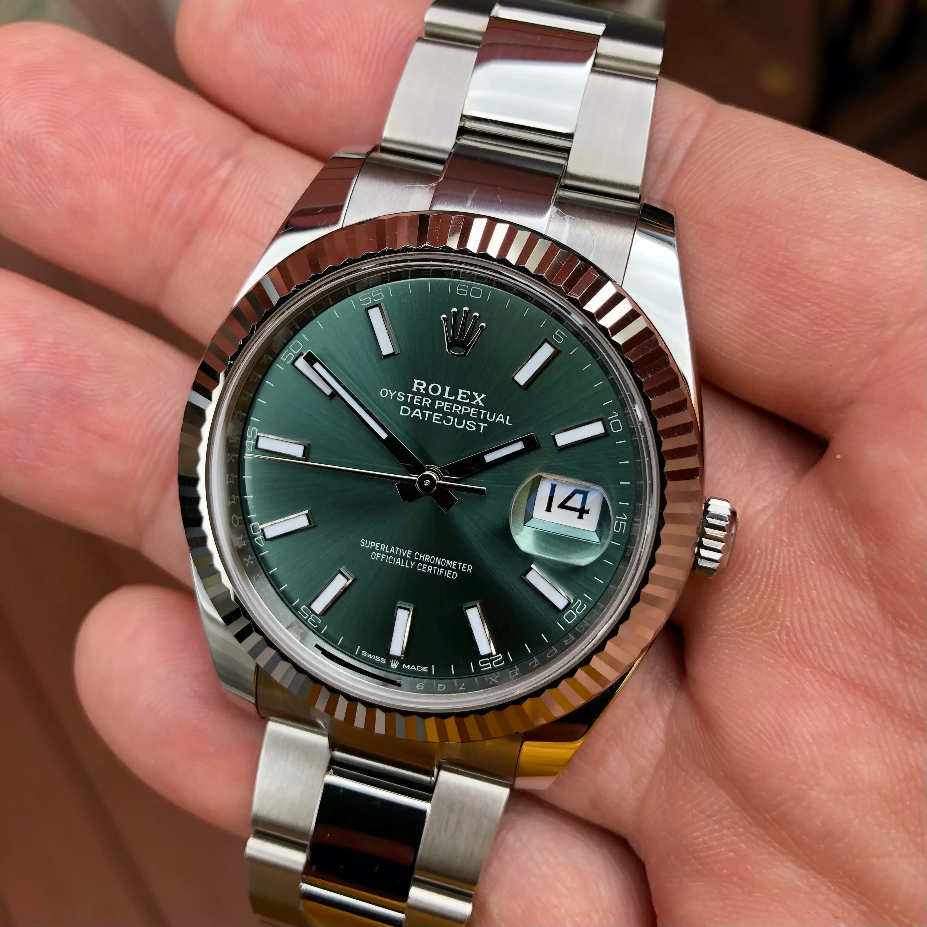 2023 Rolex Datejust 126334 Mint Green Fluted 41mm Steel Oyster Wristwatch with Box and Papers