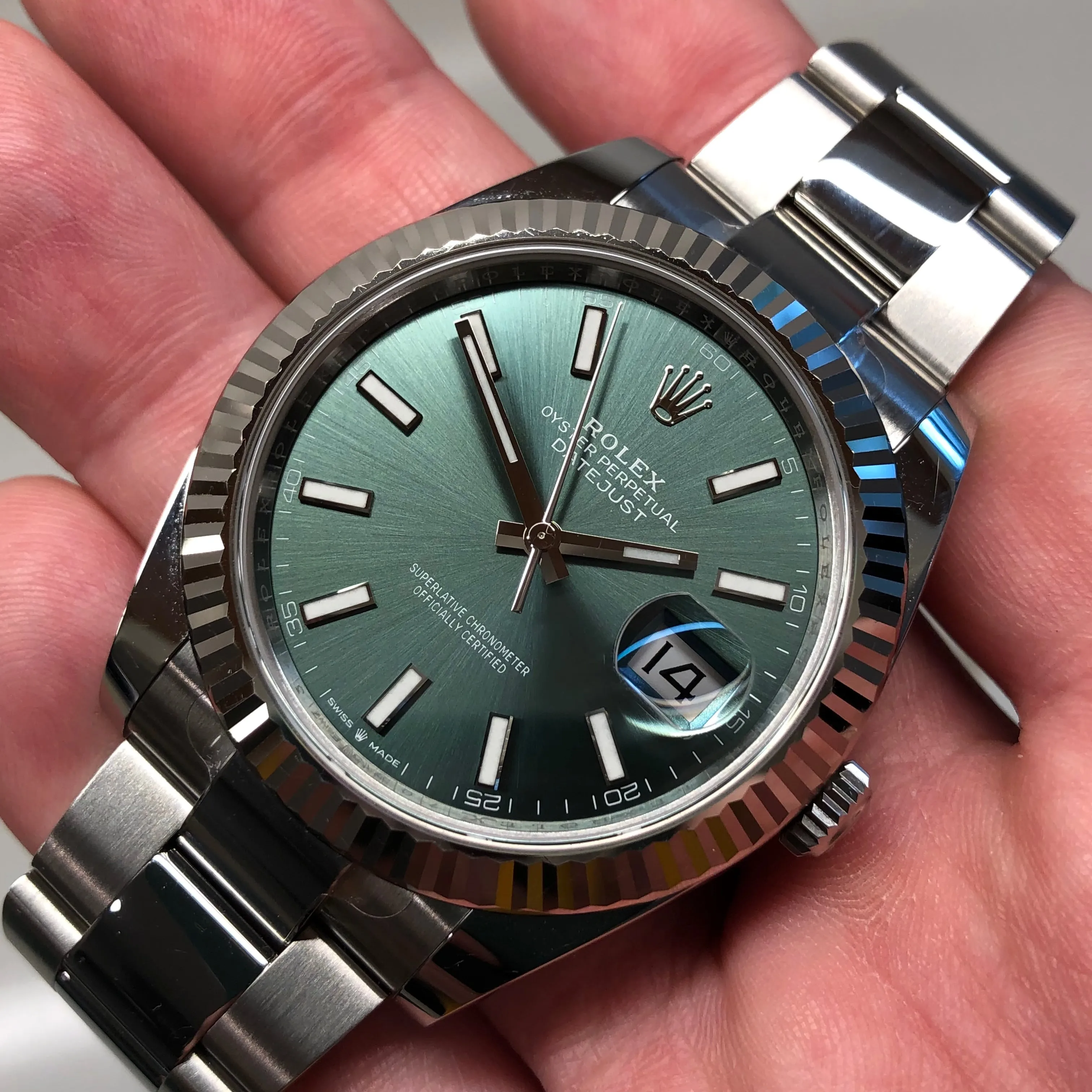 2023 Rolex Datejust 126334 Mint Green Fluted 41mm Steel Oyster Wristwatch with Box and Papers