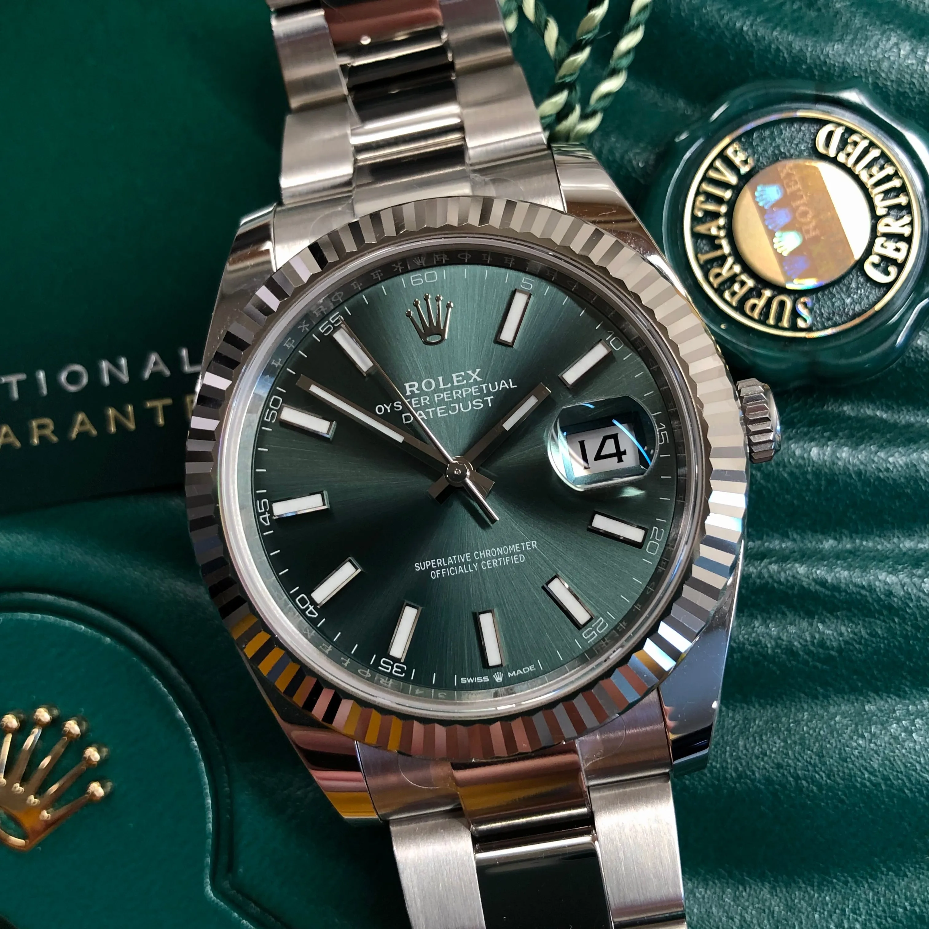 2023 Rolex Datejust 126334 Mint Green Fluted 41mm Steel Oyster Wristwatch with Box and Papers