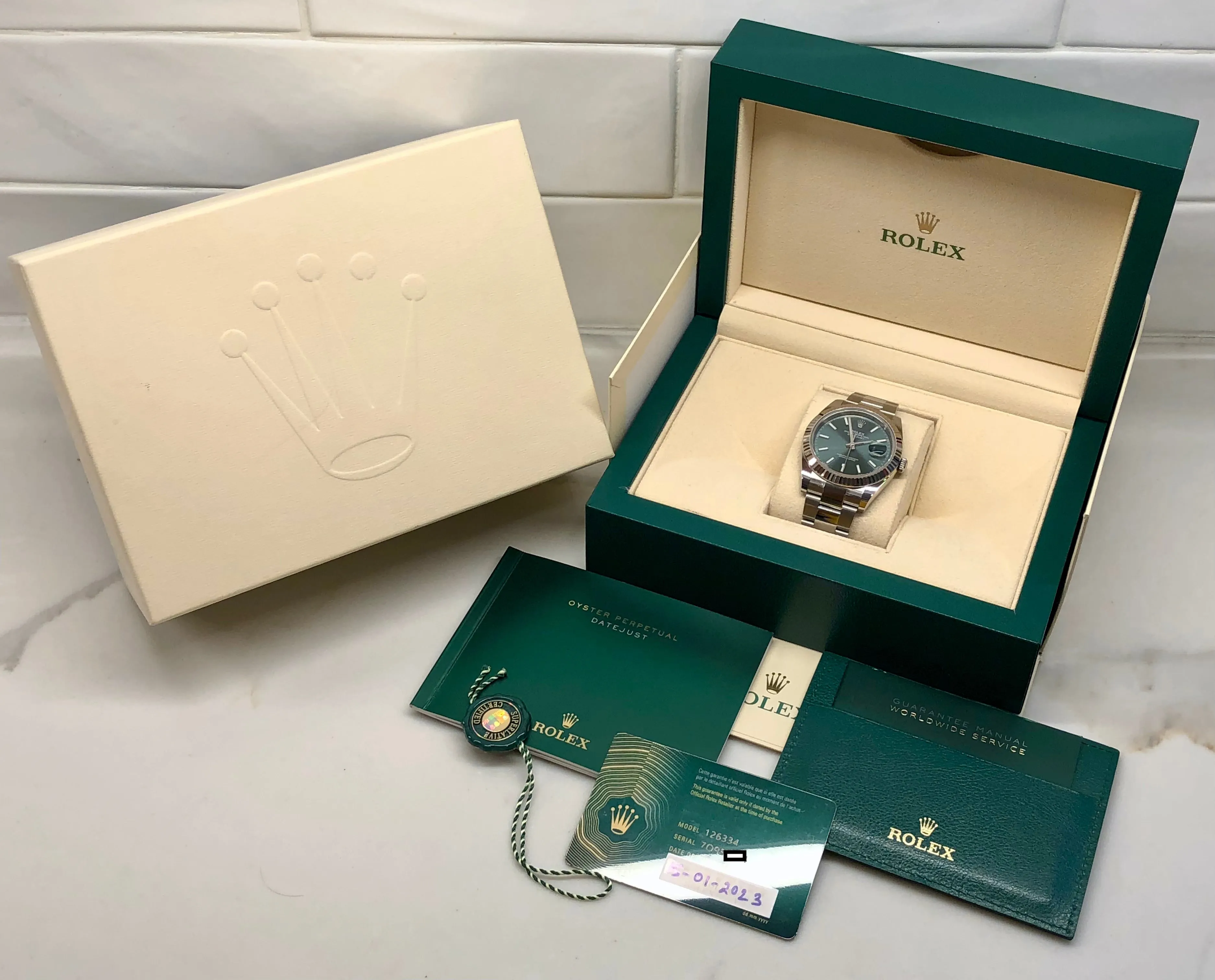 2023 Rolex Datejust 126334 Mint Green Fluted 41mm Steel Oyster Wristwatch with Box and Papers