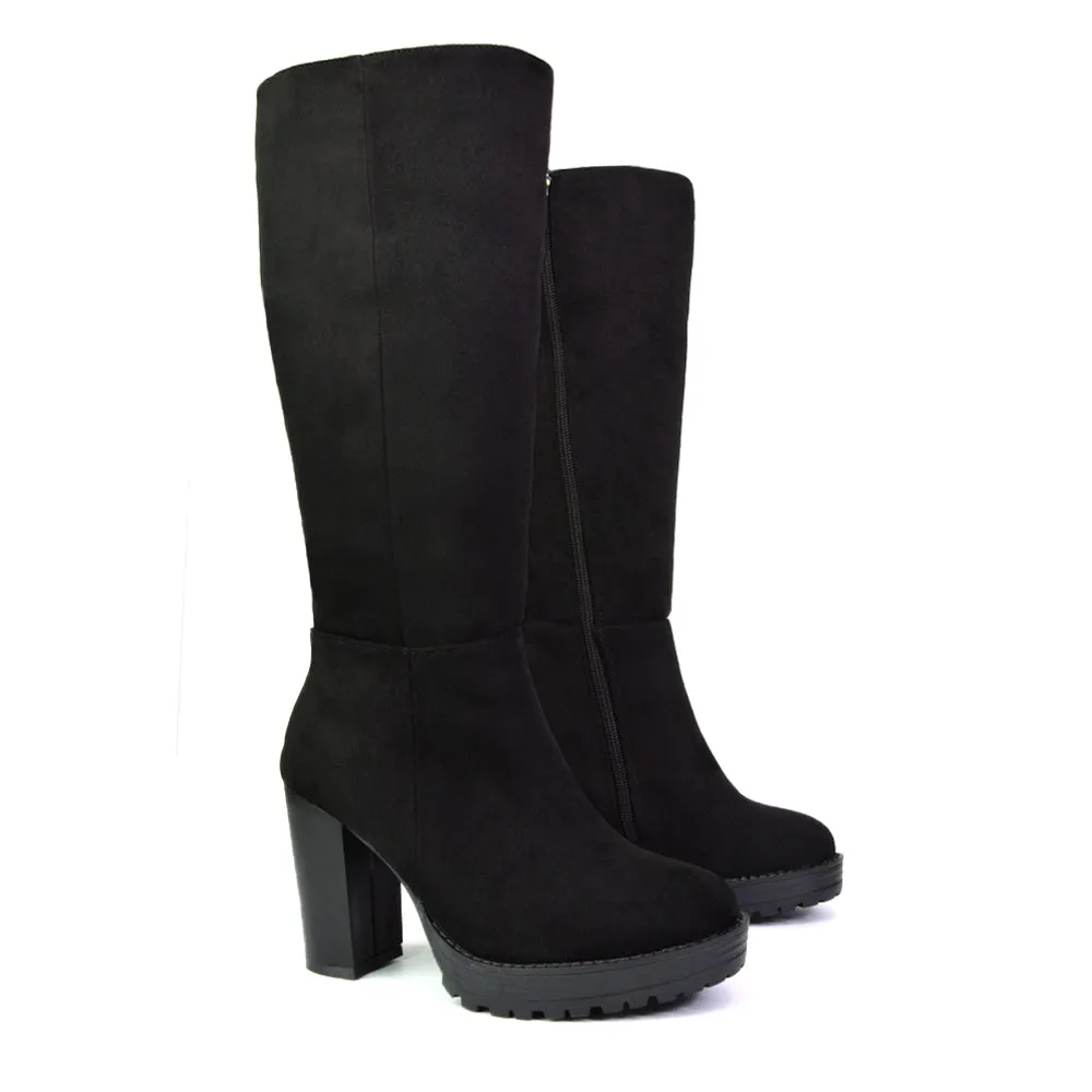 Addie Chunky Super High Block Heeled Platform Knee High Boots In Black Faux Suede
