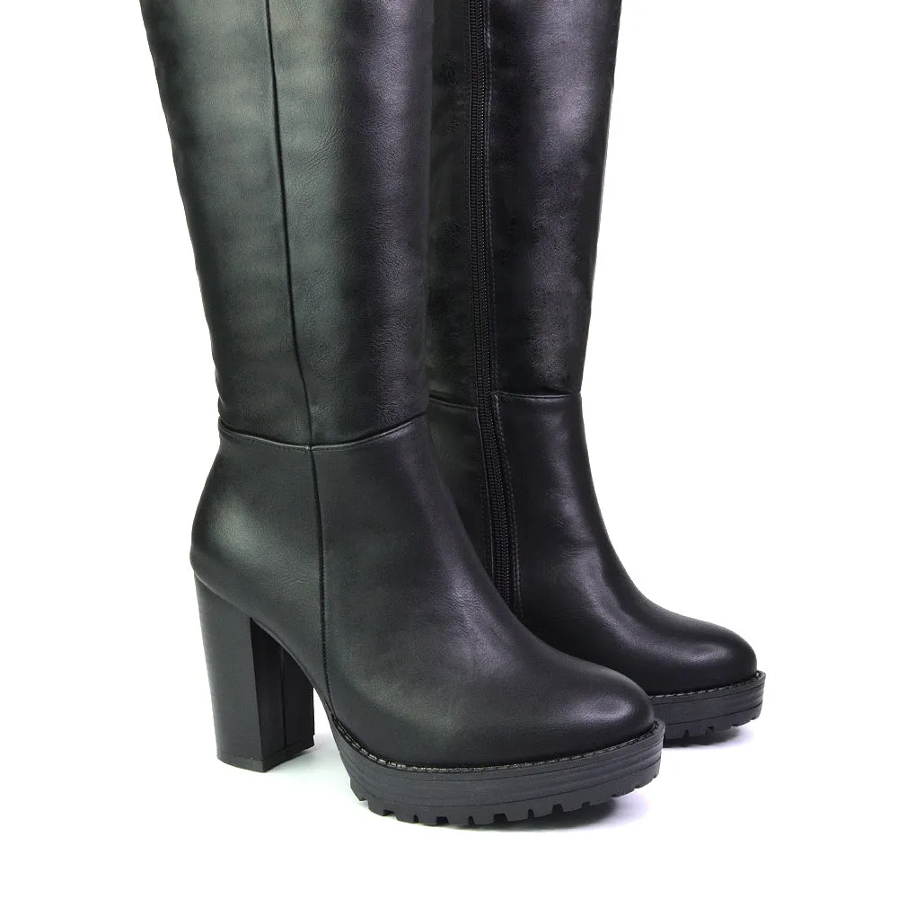 Addie Chunky Super High Block Heeled Platform Knee High Boots In Black Faux Suede