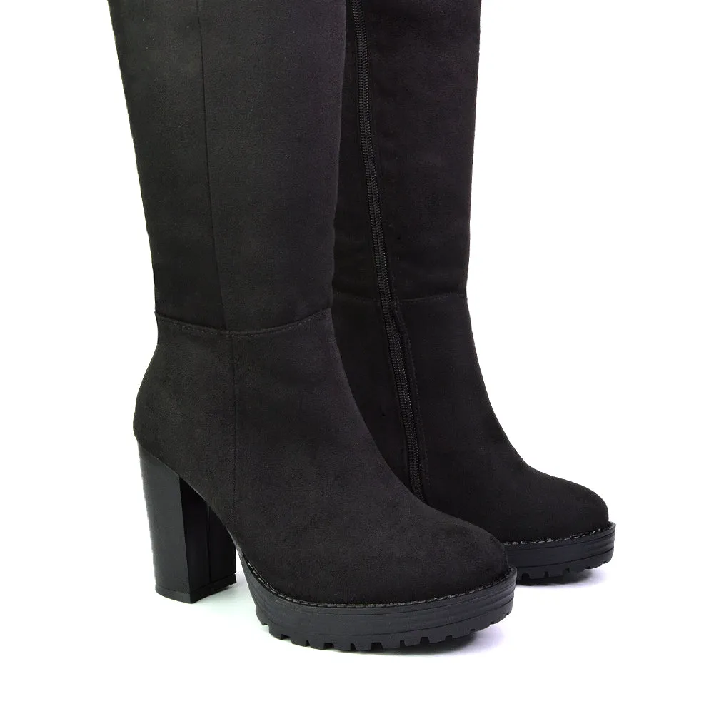 Addie Chunky Super High Block Heeled Platform Knee High Boots In Black Faux Suede