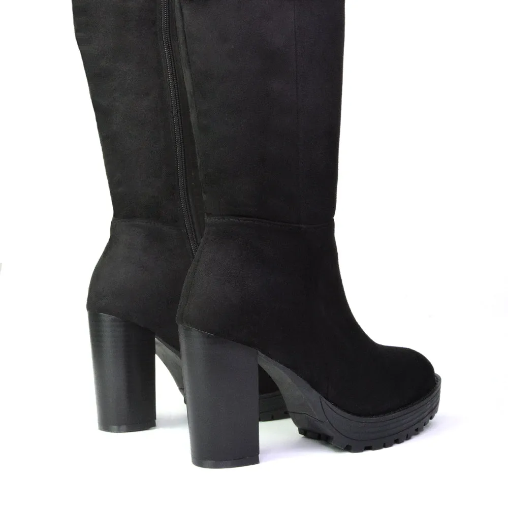 Addie Chunky Super High Block Heeled Platform Knee High Boots In Black Faux Suede