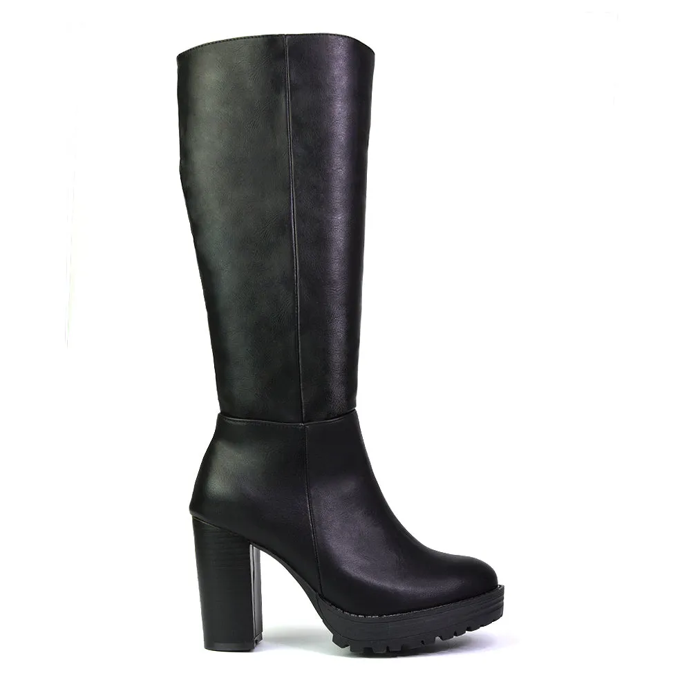 Addie Chunky Super High Block Heeled Platform Knee High Boots In Black Faux Suede