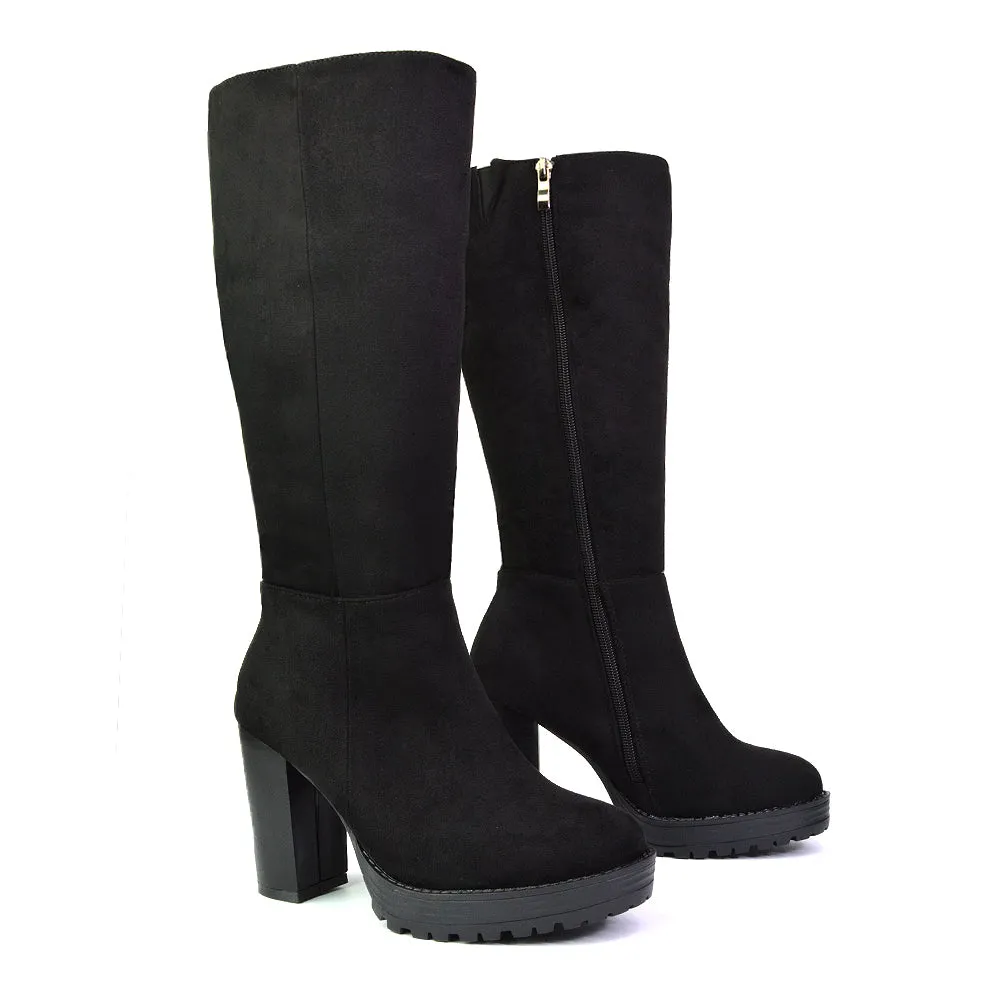 Addie Chunky Super High Block Heeled Platform Knee High Boots In Black Faux Suede