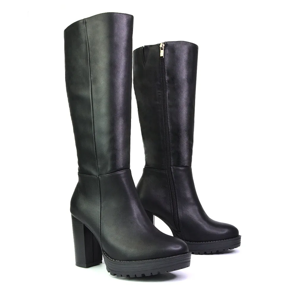Addie Chunky Super High Block Heeled Platform Knee High Boots In Black Faux Suede