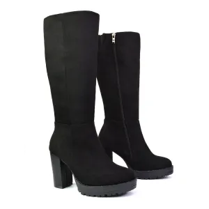 Addie Chunky Super High Block Heeled Platform Knee High Boots In Black Faux Suede