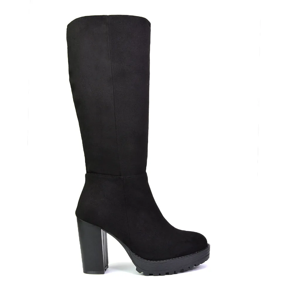 Addie Chunky Super High Block Heeled Platform Knee High Boots In Black Faux Suede