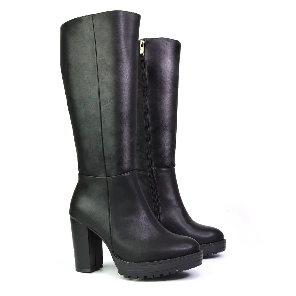 Addie Chunky Super High Block Heeled Platform Knee High Boots In Black Faux Suede