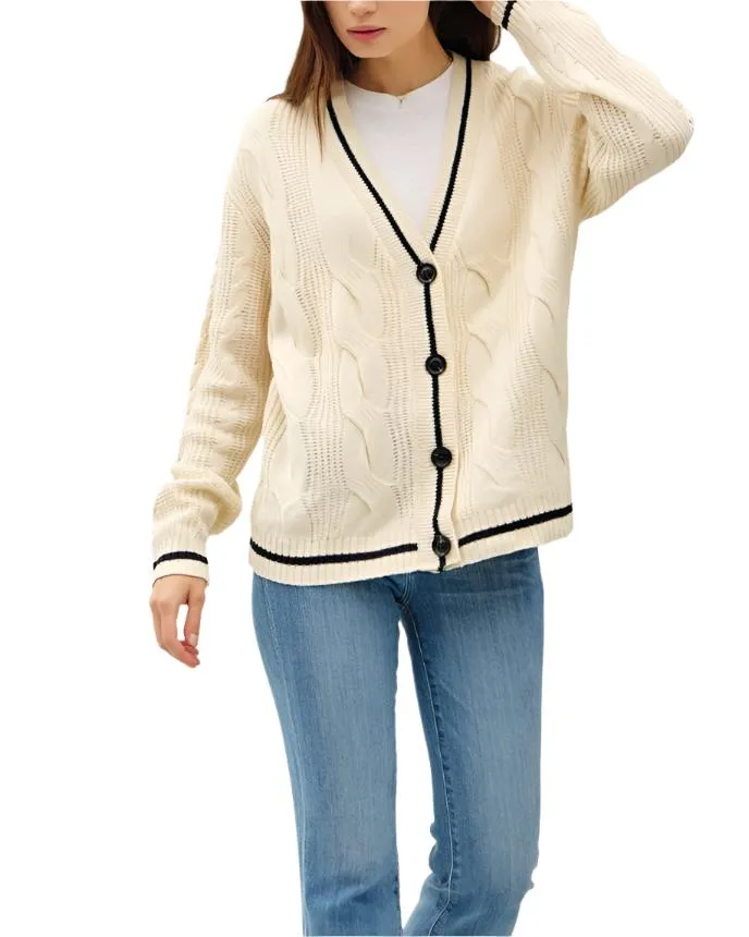 Anita Cable-Knit V-Neck Cardigan - Ivory/Black