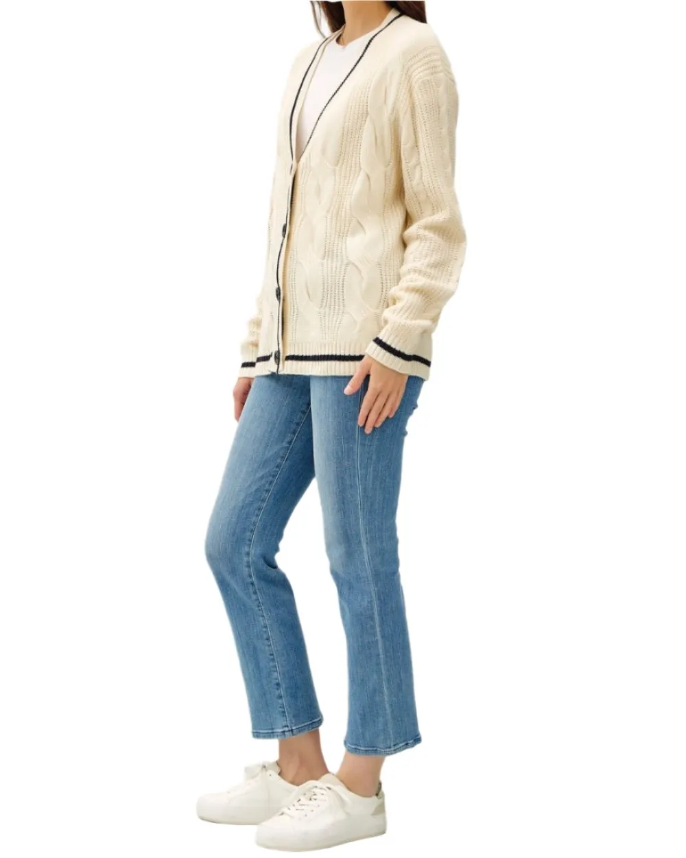 Anita Cable-Knit V-Neck Cardigan - Ivory/Black