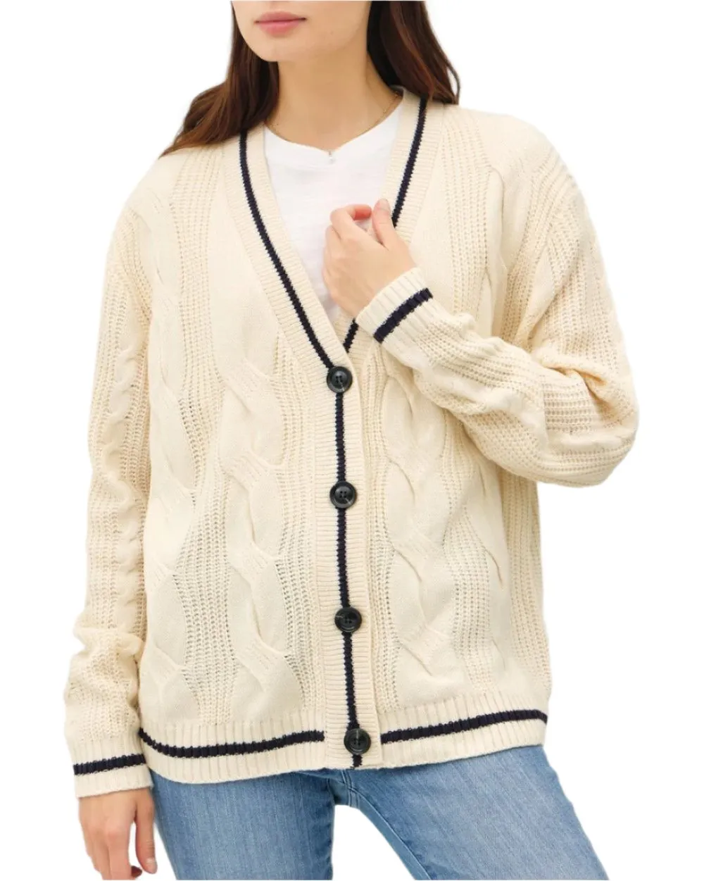 Anita Cable-Knit V-Neck Cardigan - Ivory/Black