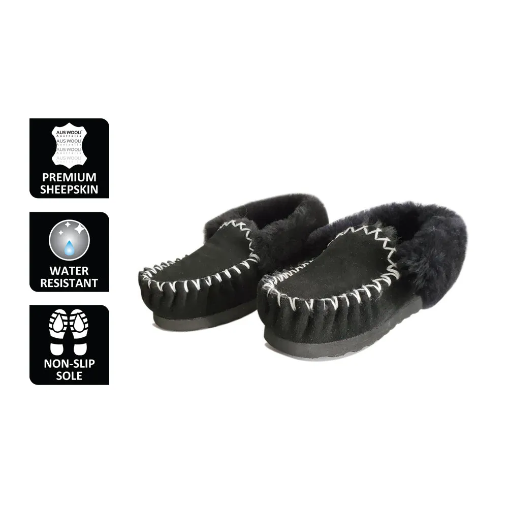 AUS WOOLI HAND STITCHED WOMENS SHEEPSKIN MOCCASIN - Black