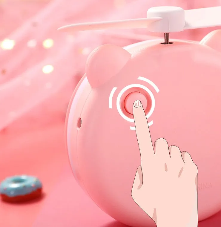 Cartoon Pig Portable LED Fill Light Makeup Mirror Fan USB Charging Portable Handheld Mini Fan  Blinking eyes_General purpose