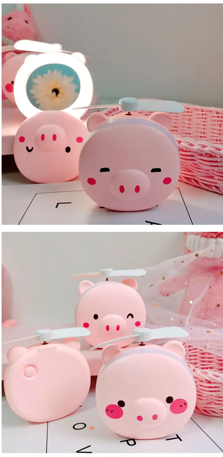 Cartoon Pig Portable LED Fill Light Makeup Mirror Fan USB Charging Portable Handheld Mini Fan  Blinking eyes_General purpose