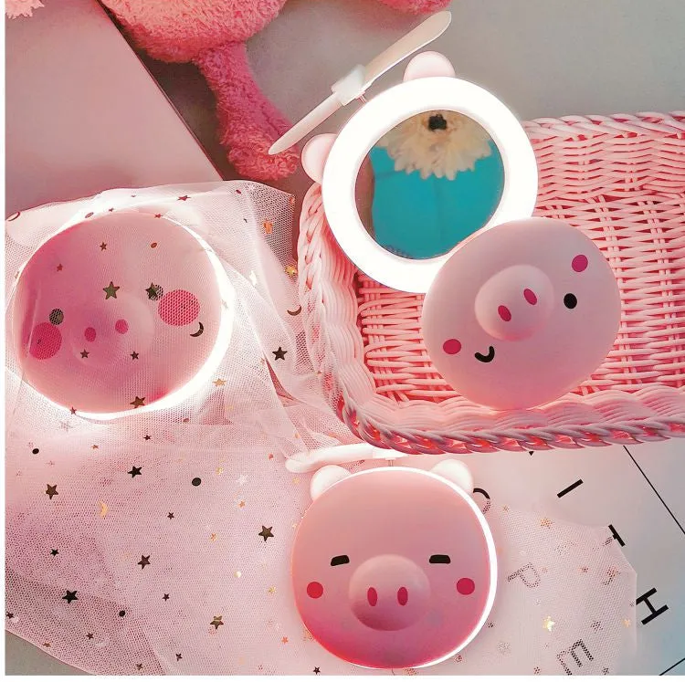 Cartoon Pig Portable LED Fill Light Makeup Mirror Fan USB Charging Portable Handheld Mini Fan  Blinking eyes_General purpose