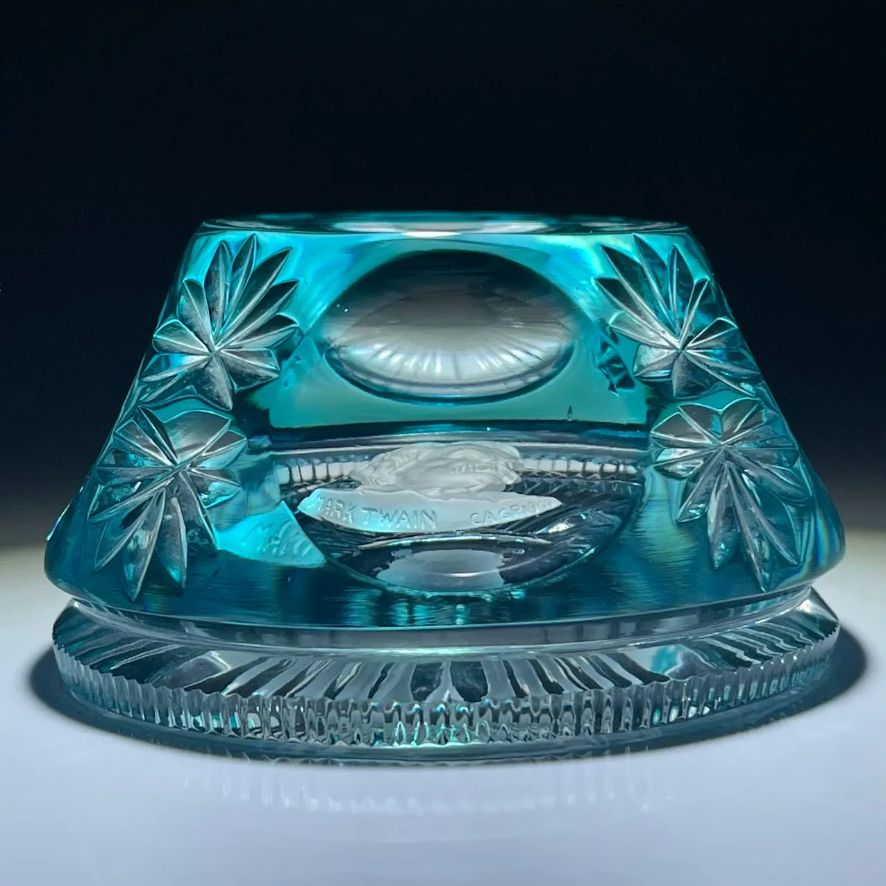 Cristal d’Albret Mark Twain Sulphide Fancy Cut Blue Overlay Glass Paperweight