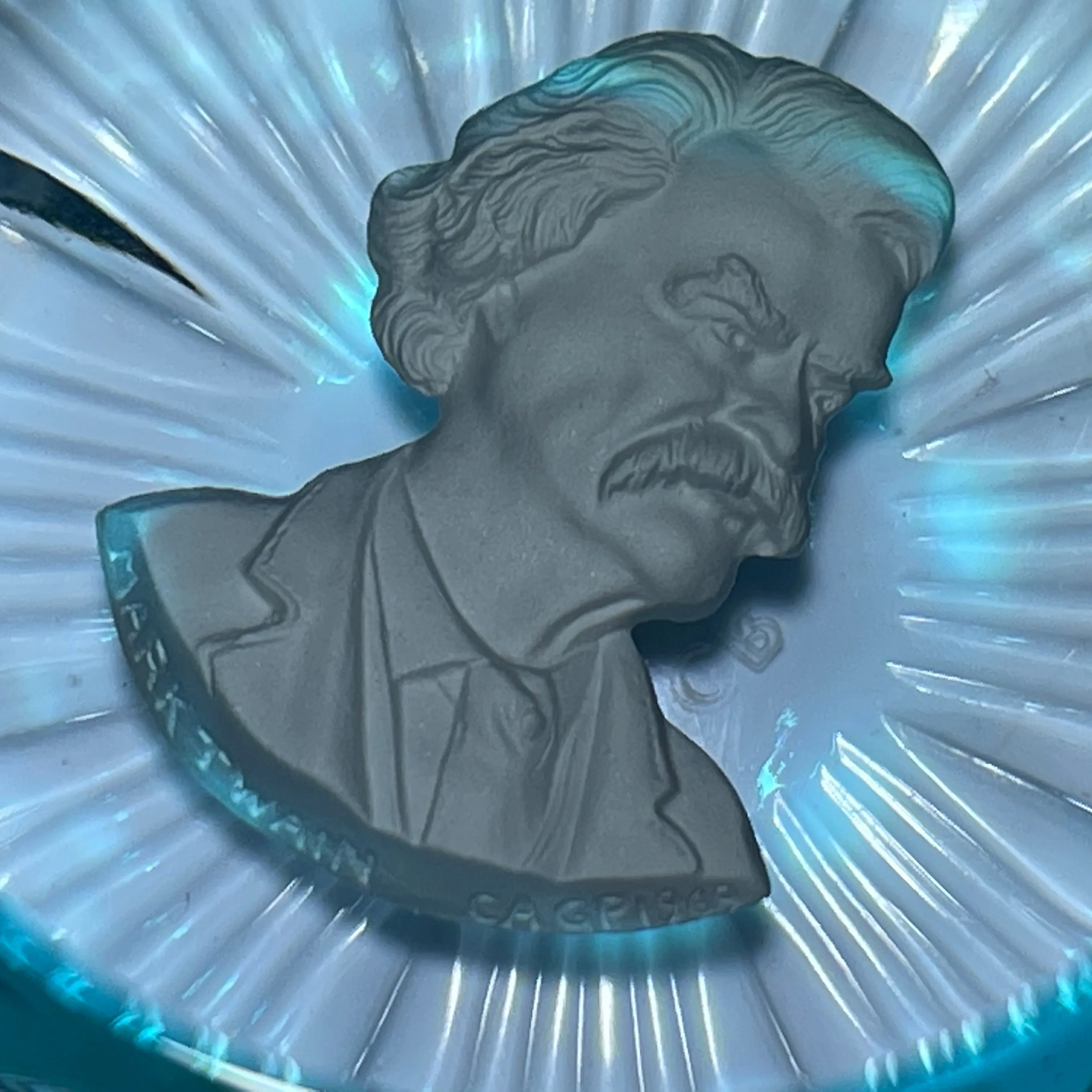 Cristal d’Albret Mark Twain Sulphide Fancy Cut Blue Overlay Glass Paperweight