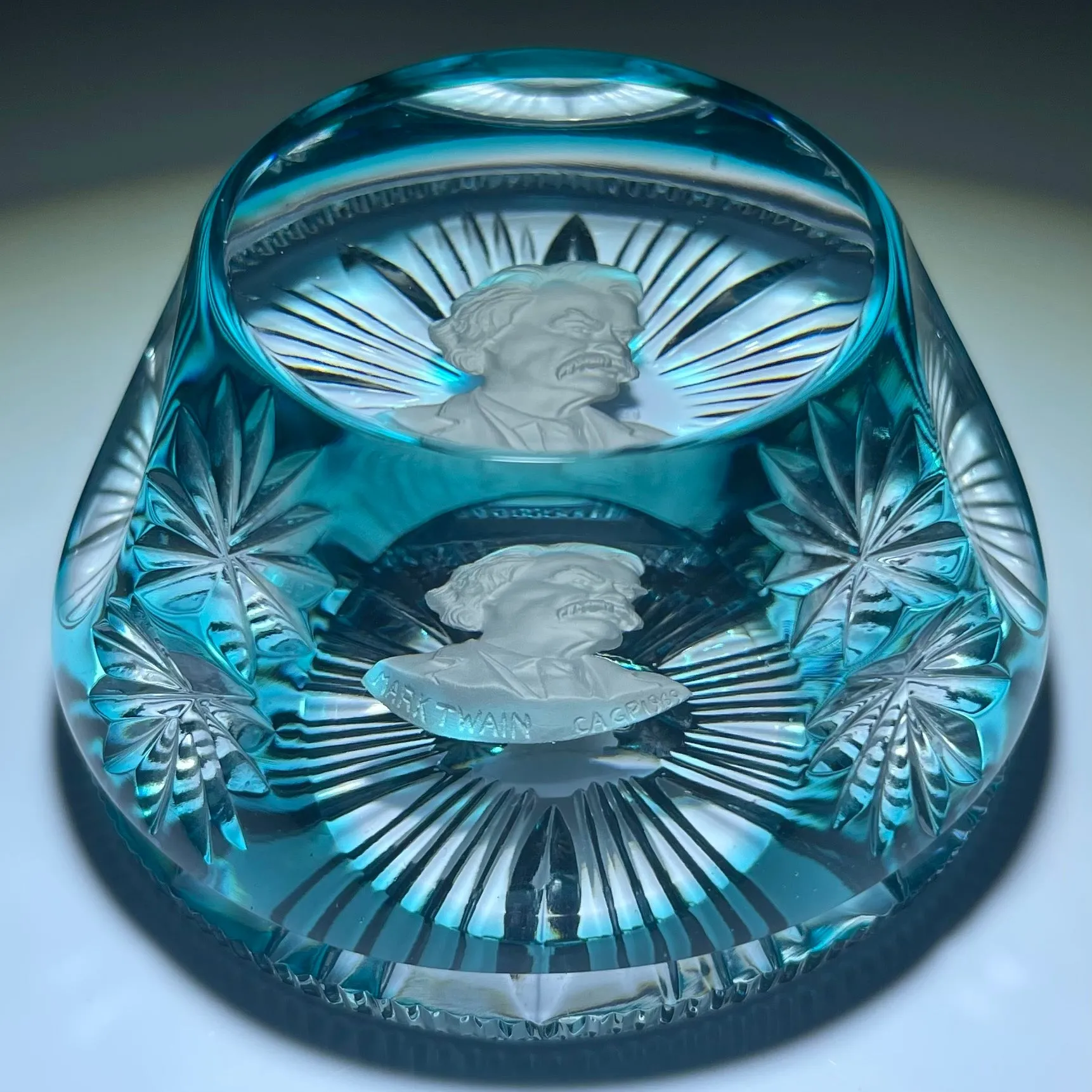 Cristal d’Albret Mark Twain Sulphide Fancy Cut Blue Overlay Glass Paperweight