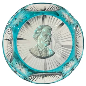 Cristal d’Albret Mark Twain Sulphide Fancy Cut Blue Overlay Glass Paperweight