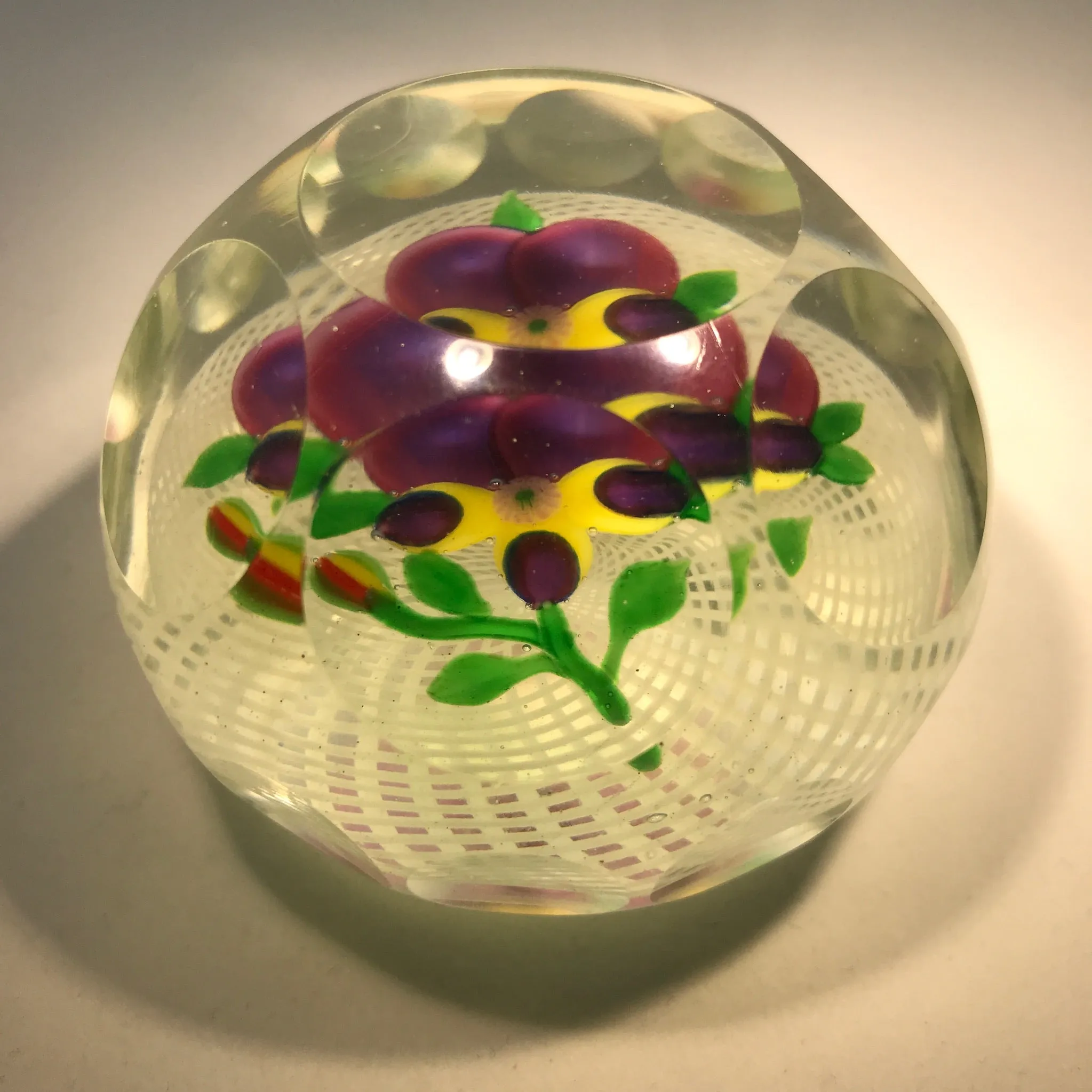 Early 20th Century Chinese Art Glass Paperweight Lampwork Pansy on Filigree Basket