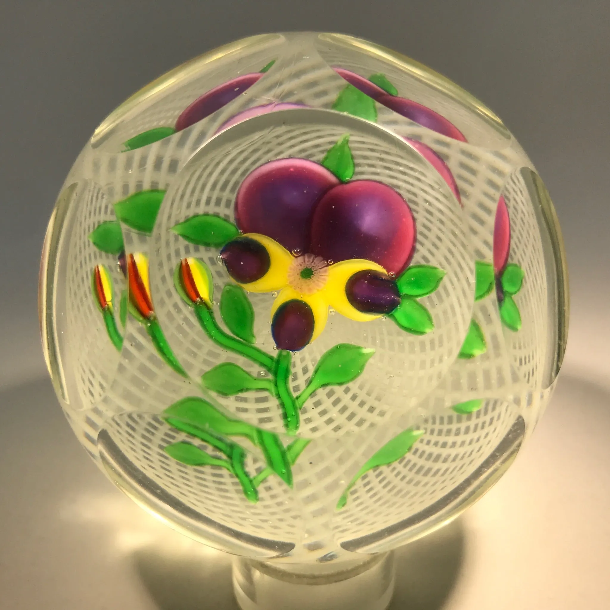 Early 20th Century Chinese Art Glass Paperweight Lampwork Pansy on Filigree Basket