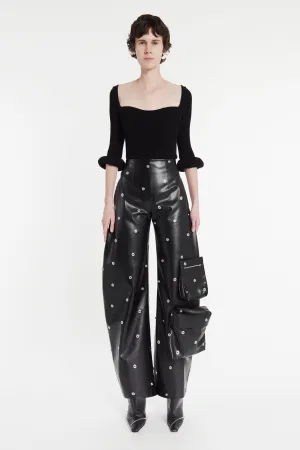 Faux Leather Stud Trouser With Snap-On Pockets Black