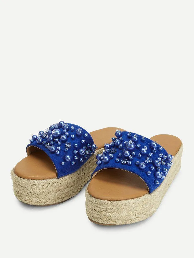 Faux Pearl Espadrille Platform Wedges