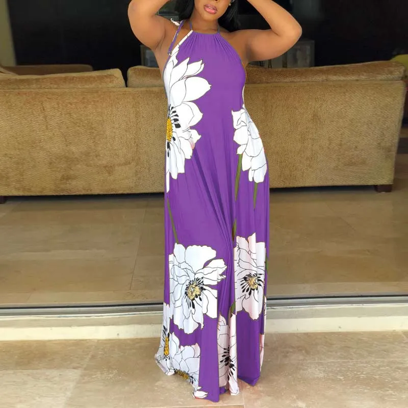 Floral Print Halter Sleeveless Maxi Dress With Headscarf