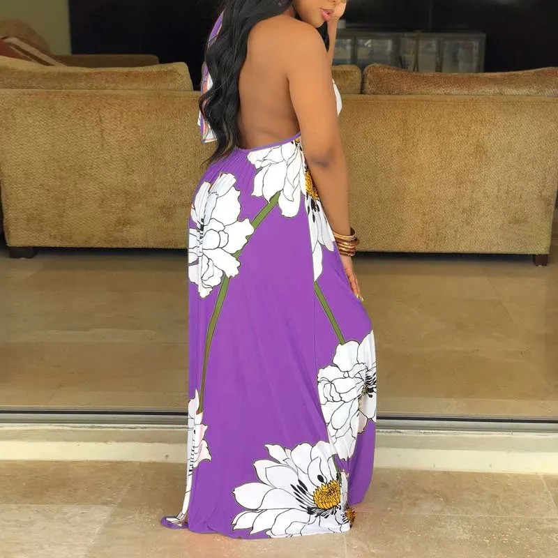 Floral Print Halter Sleeveless Maxi Dress With Headscarf