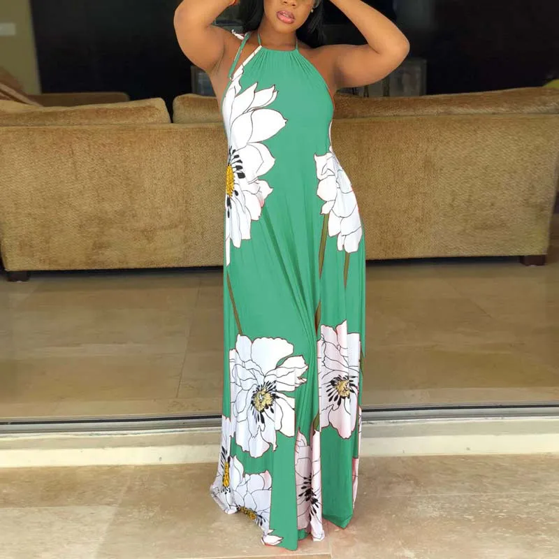 Floral Print Halter Sleeveless Maxi Dress With Headscarf