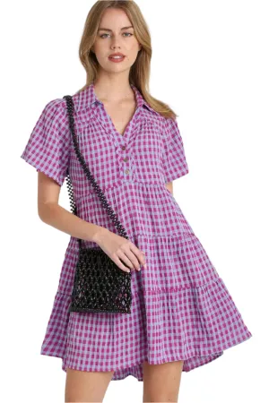 Gingham Tiered Button Detail Short Sleeve Shirt Dress
