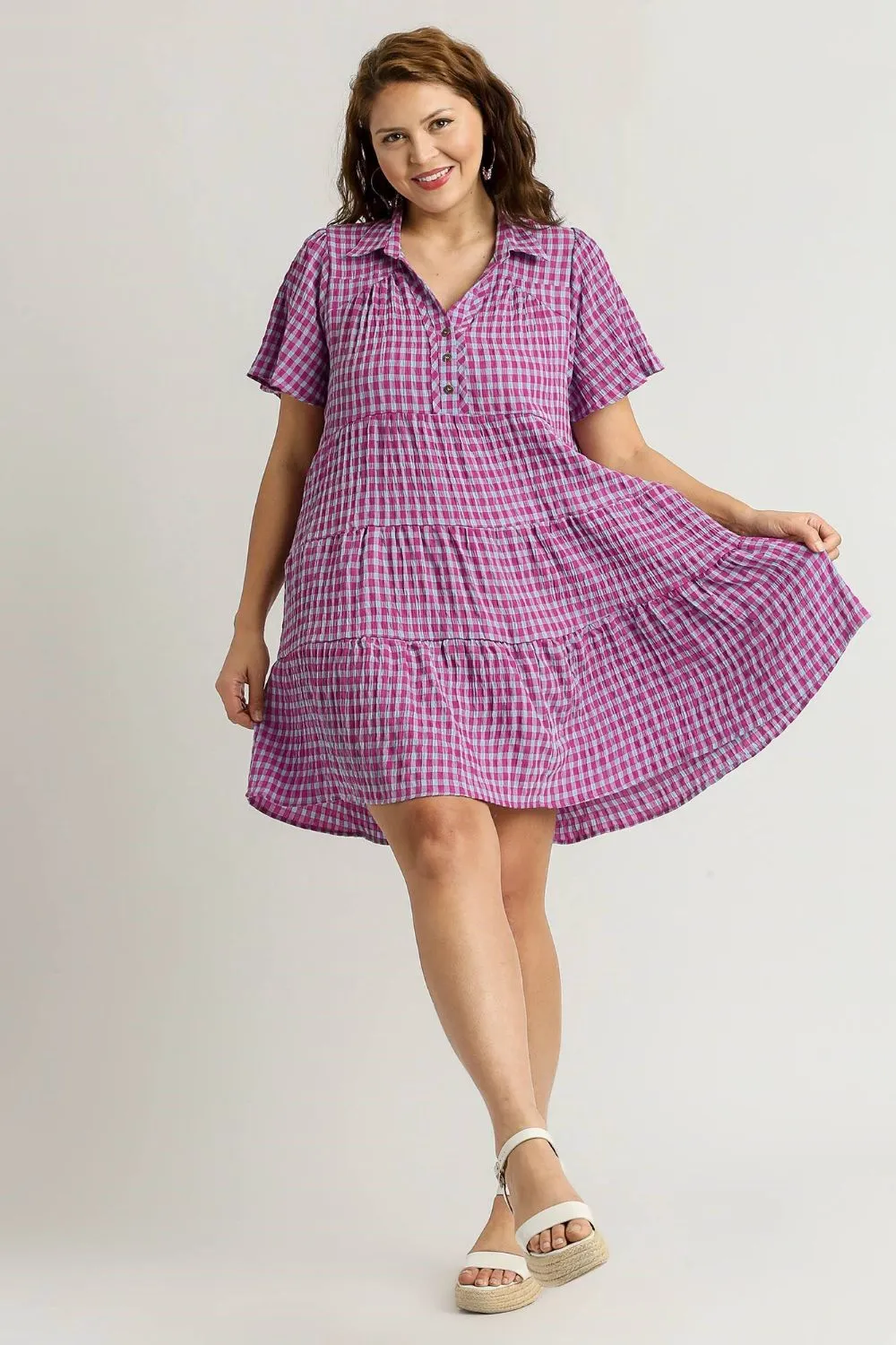 Gingham Tiered Button Detail Short Sleeve Shirt Dress