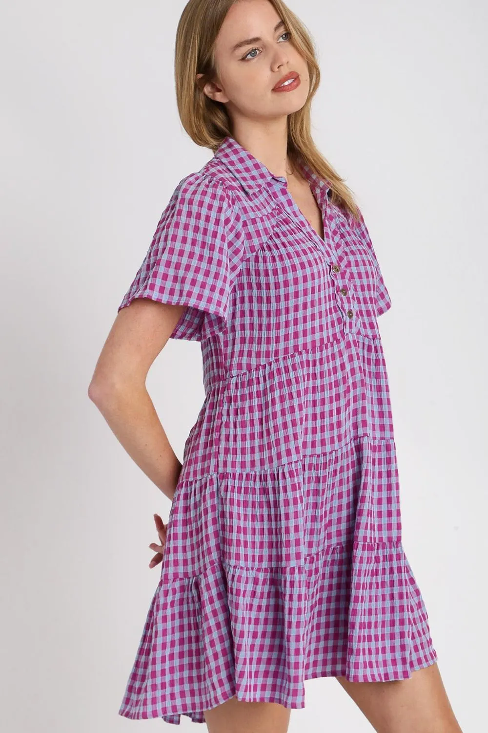 Gingham Tiered Button Detail Short Sleeve Shirt Dress