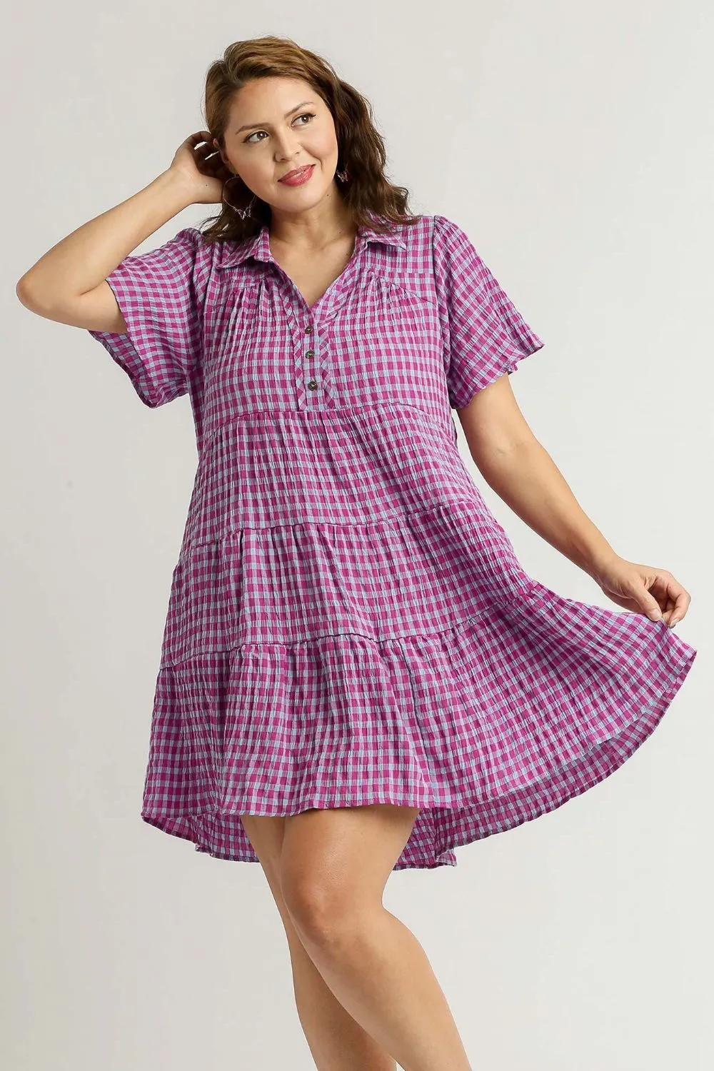 Gingham Tiered Button Detail Short Sleeve Shirt Dress