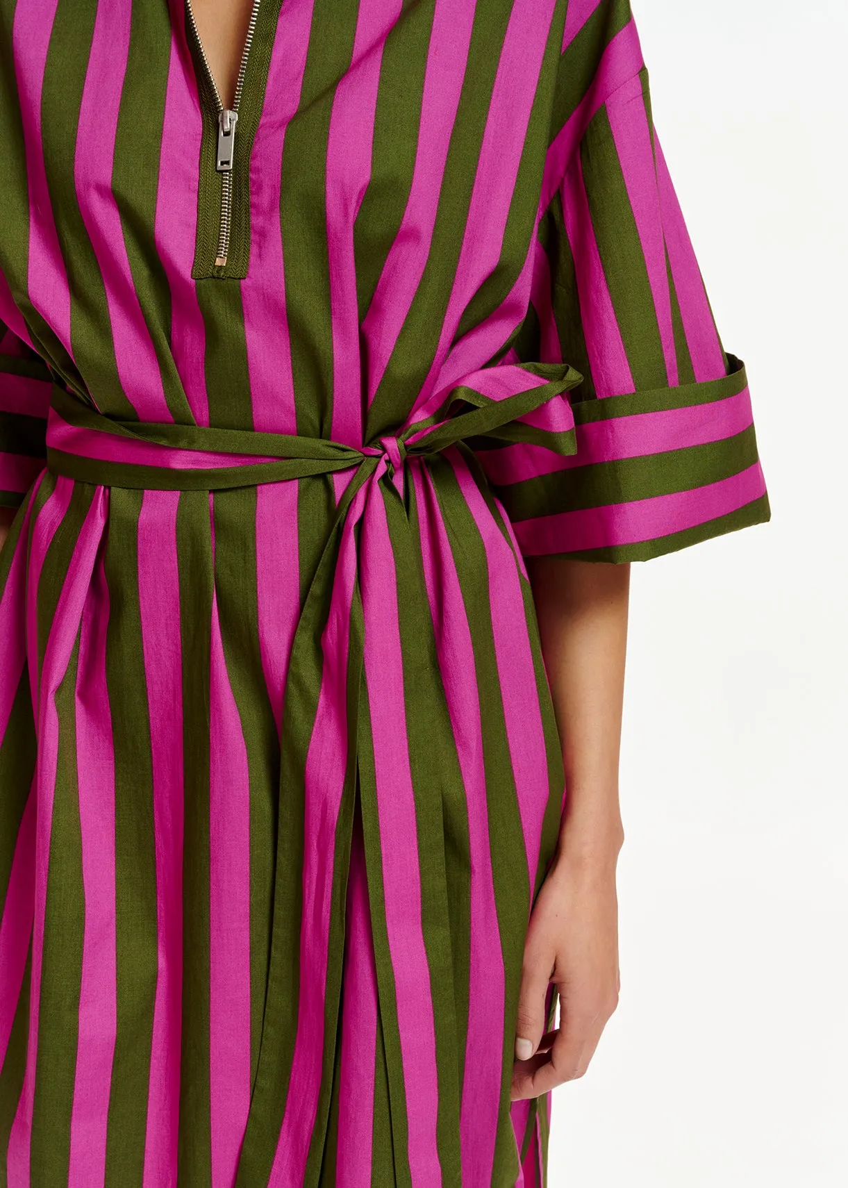 Green and purple striped cotton shirt dress