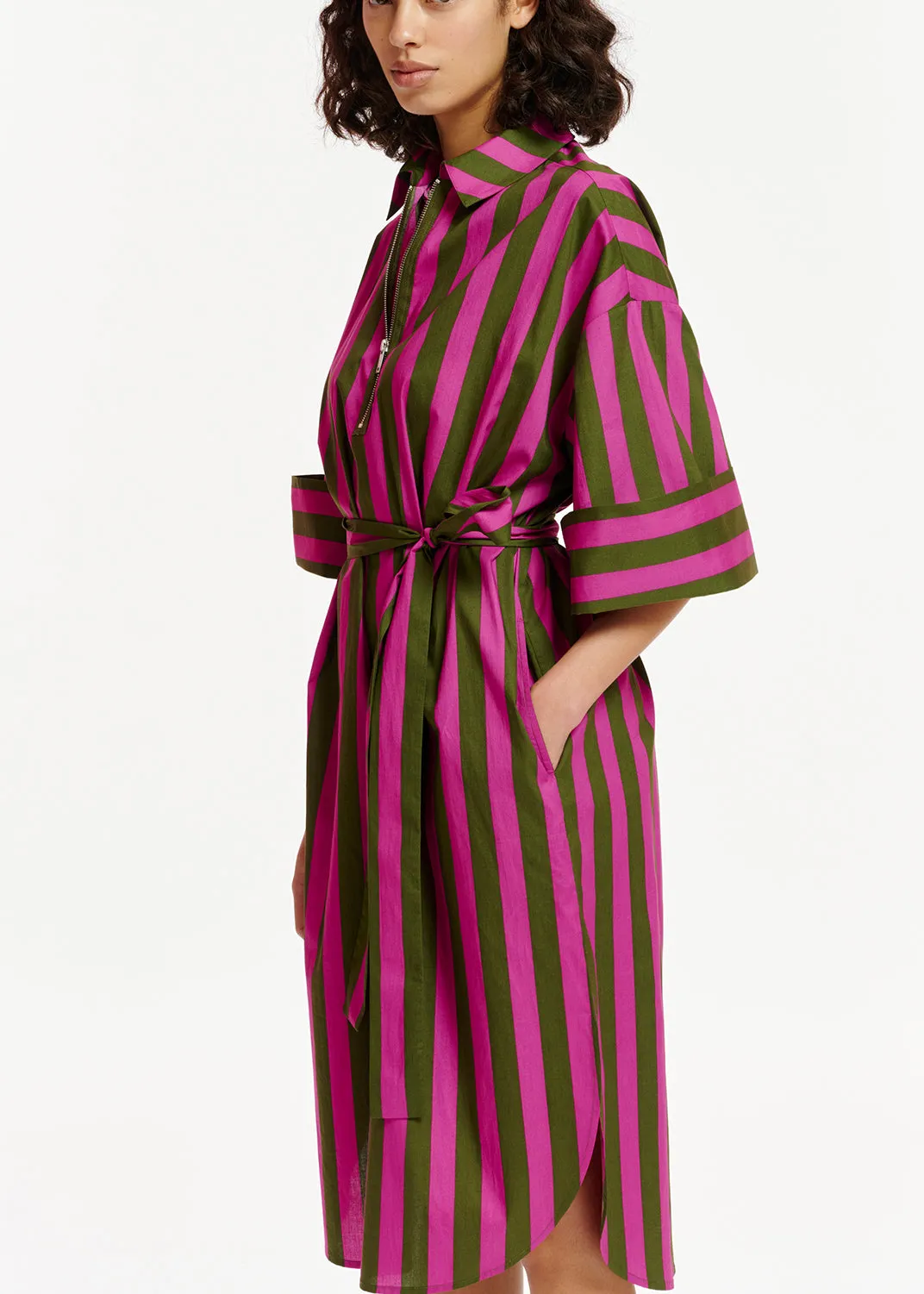 Green and purple striped cotton shirt dress