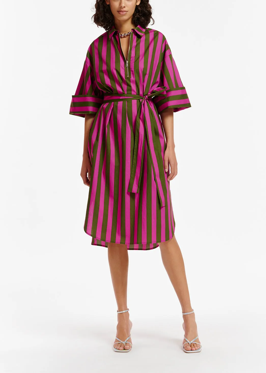 Green and purple striped cotton shirt dress