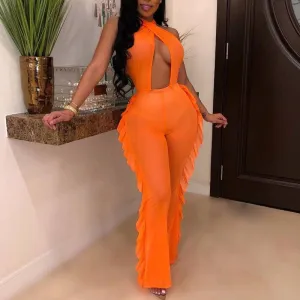 Halter Neck Backless Ruffles Jumpsuit Playsuit