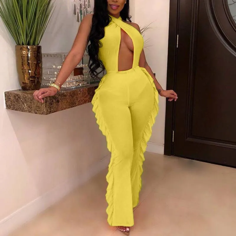 Halter Neck Backless Ruffles Jumpsuit Playsuit